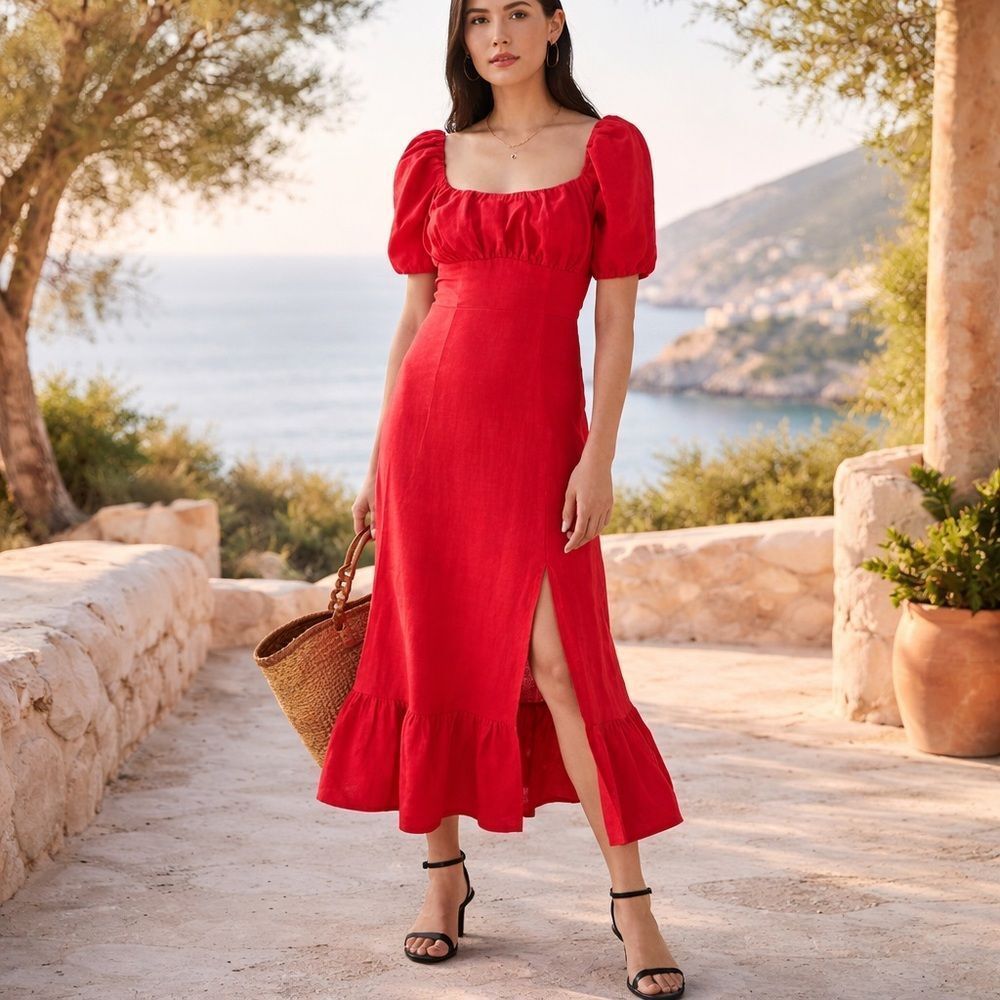 Los Angeles Atelier & Other Stories linen ruffled midi or maxi red dress zip 8
